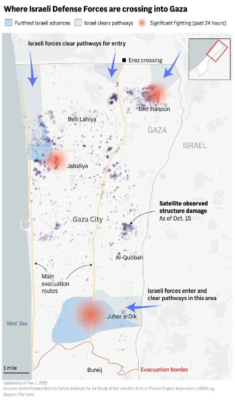 根据战争研究所的评估，以色列军队似乎正在三条路线上推进