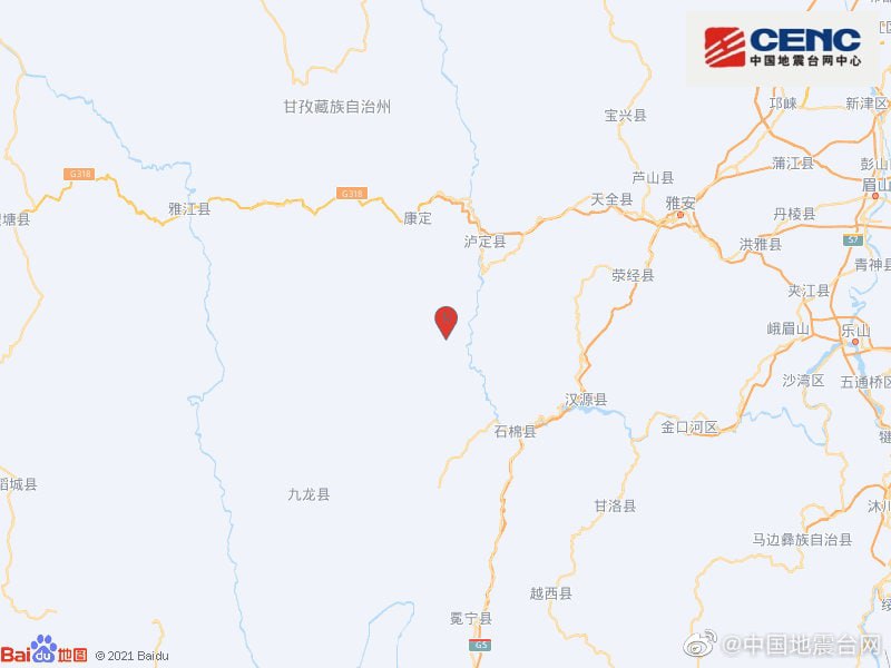 中国地震台网正式测定，四川甘孜州泸定县（北纬29.59度，东经102.08度）9月5日12时52分发生6.8级地震，震源深度16千米