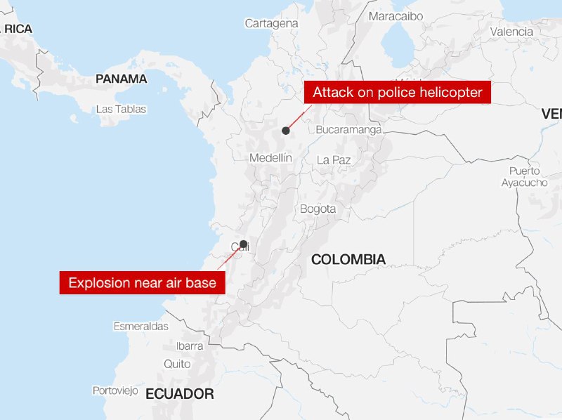 哥伦比亚8月21日发生汽车炸弹袭击和针对警用直升机的袭击，造成至少18人死亡