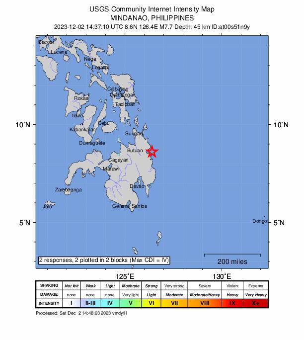菲律宾棉兰老岛12月2日22:37（东八区）地震，美国地质调查局测定为7.7级、震源深度44.5千米