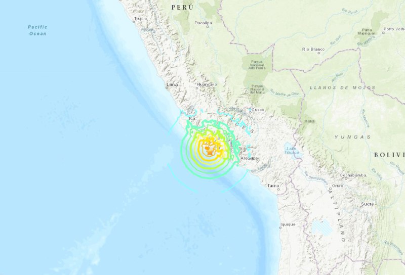 秘鲁近海6月28日13:36（北京时间）7.2级地震，震中在阿雷基帕以西8公里处，震源深度28公里